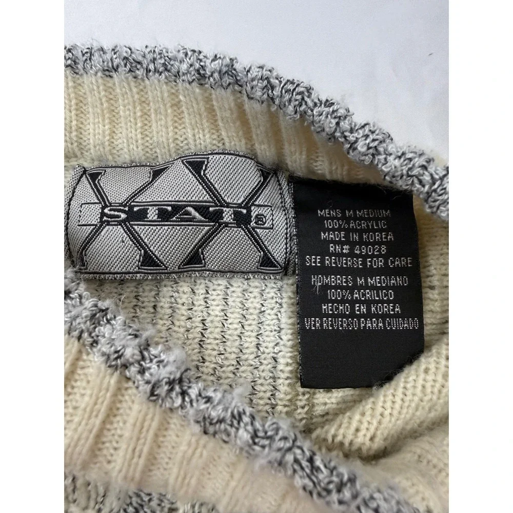 Vintage‎ STATS Sweater Mens M Cream Pattern Knit 90s Textured Pullover